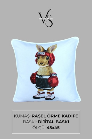 Kırlent Kılıfı Tavşan Desenli 45x45 Raşel Örme Kadife Çift Taraflı Dijital Baskı Beyaz Biyeli 02 Beyaz