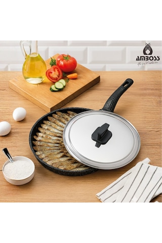 Amboss Döküm Granit Kapaklı Balık Tavası 34 Cm gri