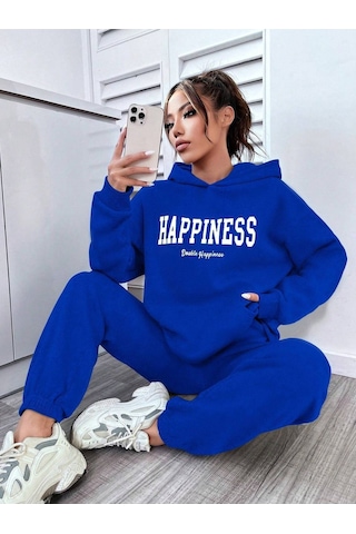 Happiness Eşofman Takımı Sweatshirt Jogger - Sax Mavi Baskılı Oversize Şardonlu Kapüşonlu Saks Mavi-273045
