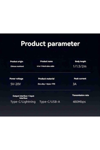 Willowhaven 65w Metal Mekanik 4-ü-1 Hızlı Şarj Kablosu, Nilon Örgü, İos/type-c Uyumlu, Araçta Kullanım, 1 Metre Kutulu