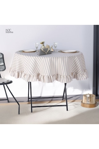 Dnc Home Tekstil Gri Çizgili Keten Yuvarlak Fırfırlı Masa Örtüsü Griçizgili