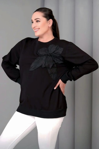 Çiçek Aplikeli Sweatshirt Siyah