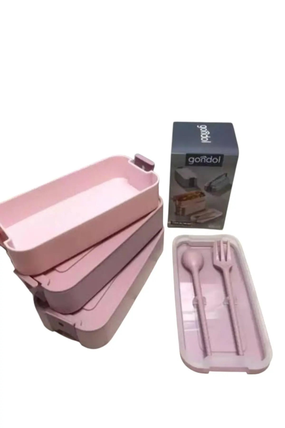 Gondol Layer Lunch Box Kilitli Kat Kat Beslenme Kutusu Çatal Kaşıklı Pembe