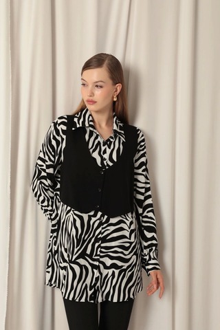 Saklımoda Viskon Kumaş Yelekli Kadın Zebra Gömlek Çok Renkli