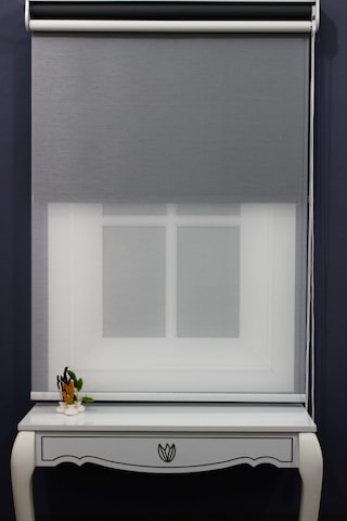 Çift Mekanizmalı Çizgili Tül & Mat Gri Stor Perde % 90 Işıgı Kesm