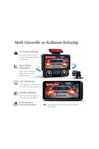 Ön Ve Arka Kameralı 2.0 Ips Hd Ekran Wifi Ve G Sensörlü Akıllı Araç Kamerası Cmr100