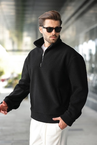 Madmext Siyah Yarım Fermuarlı Dik Yaka Polar Sweatshirt E7165 Siyah