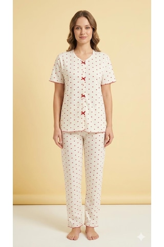 Sleeproom Yazlık Ekru Kırmızı Kalp Desenli Kısa Kol Penye %100 Pamuk Pijama Takım
