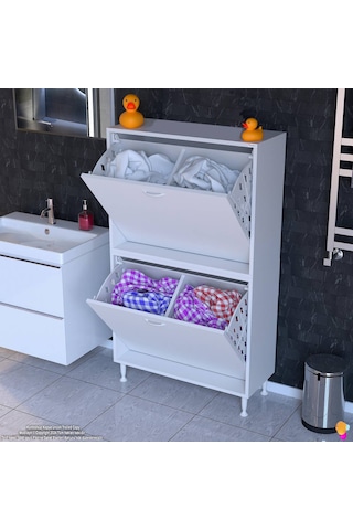 Eliusta Veluna 80 Cm Kirli Çamaşır Sepetli Dolap Banyo Dolabı Beyaz 80x138x32,5 Cm 4 Sepetli Dolap Beyaz