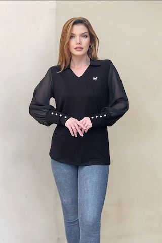 Kolları Şifon Düğme Detaylı Bluz Siyah