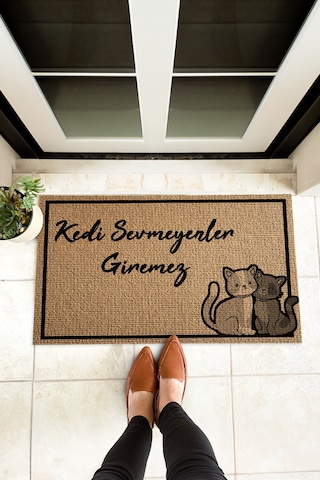 Kedi Sevmeyenler Giremez Tasarımlı Kedili Kapı Önü Paspası