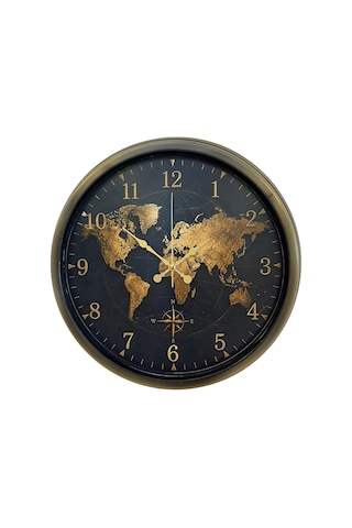 Eskitme Atlas Dünya Haritalı 40 X 40 Cm Siyah Metal Duvar Saati