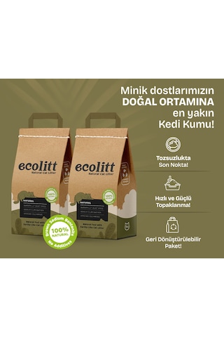 Ecolitt Kraft Pakette Tozsuz Topaklanan Kahverengi Bentonit Natura Kedi Kumu 2 x 8 KG