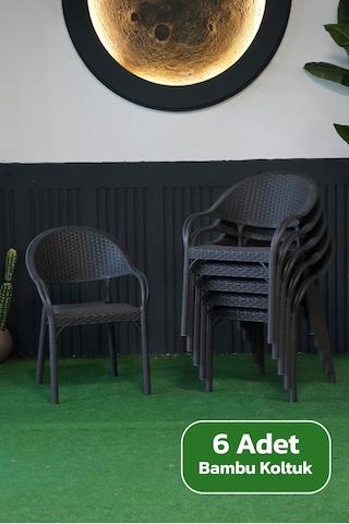 Alezy Bambu Rattan Kollu Koltuk 6 Adet Antrasit