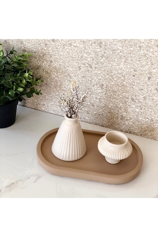 Thiramis Homeconcept Mocha Tepsi Bej Mini Vazo & Tealight 3lü Set