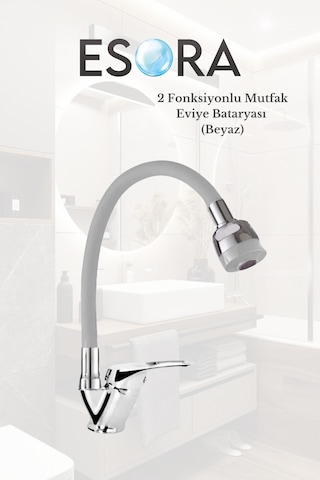 Oynar Borulu Çift Su Girişli 2 Fonksiyonlu Mutfak Eviye Bataryası Musluğu Beyaz