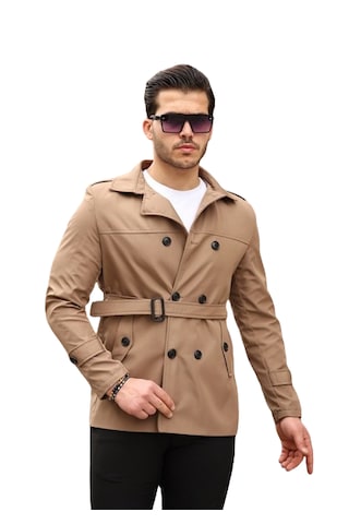 Mero Life Erkek Taba Mevsimlik Astarlı Kemerli Kruvaze Trençkot Taba
