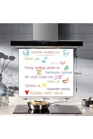 Decorita Renkli Mutfak Kuralları Cam Ocak Arkası Beyaz 52x60cm