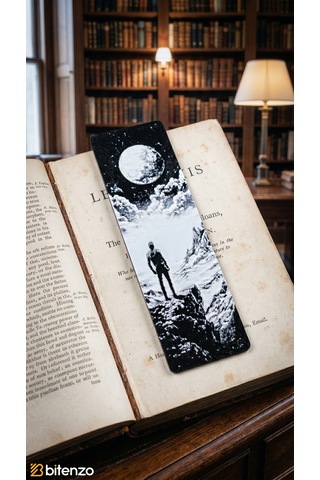 Dolunay Ve İnsan Silüeti Tasarım Kabartma Dokulu Kitap Ayracı - Gece Manzaralı Kitap Aksesuarı