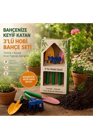Hobi 3'lü Set Çapa Tırmık Metal Bahçe Tarla Çim Peyzaj Bitki Çiçek Ekme Toprak İşleme Küreği Küçük