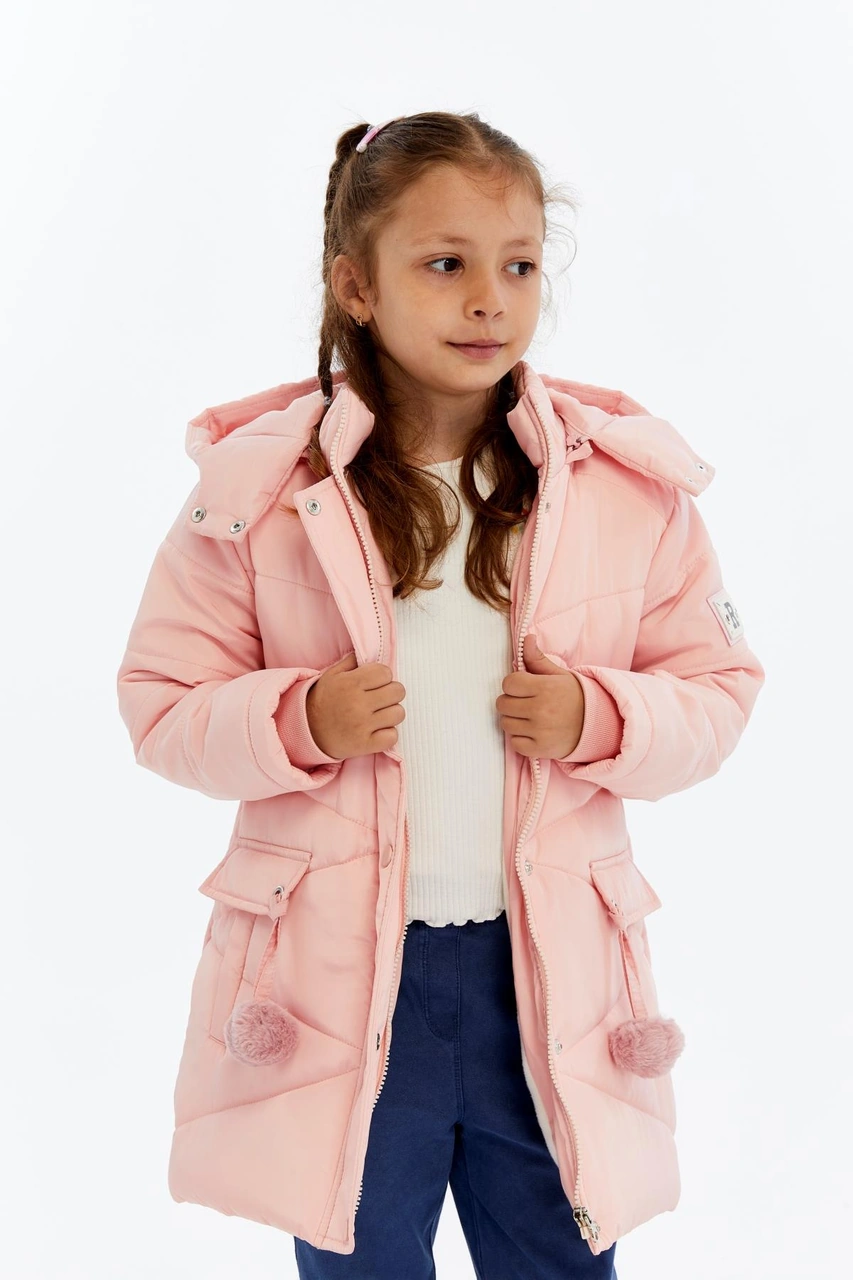 Benitto Kids Kapüşonlu Kışlık Ponpon Detaylı Kız Çocuk Kaban 51354 Pembe