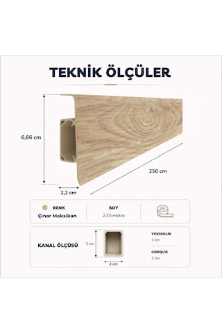 Esquero Kablo Kanallı PVC Süpürgelik 250 cm, Açılabilir Kapaklı, Çınar Meksikan, ESQ607