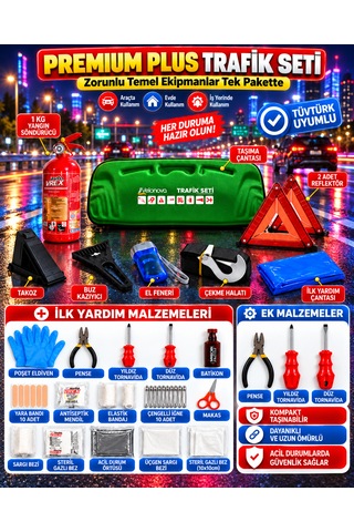 Premium Trafik Ve İlk Yardım Seti Tüvtürk Muayene Uyumlu Ce Belgeli Abc 1kg Yangın Söndürücü Ve E Belgeli Reflektör-yeşil Eva