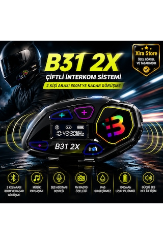B31 2x Bluetooth 6.0 Çiftli Motosiklet İnterkom Kask Kulaklığı 500 Metre Haberleşme Lcd Ekran Rgb Fm Radyo Ip65