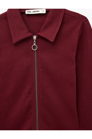 Koton Pamuklu Slim Fit Fermuarlı Uzun Kollu Kaşkorse Polo Yaka Tişört Bordo 7wal10132ık