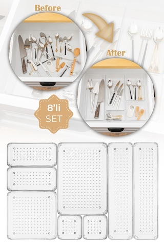 Vienev 8li Şeffaf Çekmece İçi Düzenleyici Organizer 2x D.k.dkdrtgn K.kare 1x O.dkdrtgn B.kare