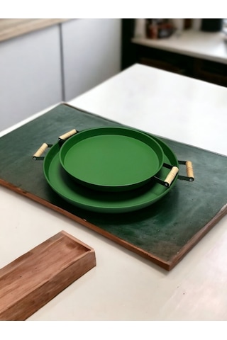 2'li Ahşap Kulplu 45 Cm Yeşil Metal Tepsi Ve 37 Cm Yeşil Kahve Sunum Tepsisi Yeşil