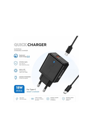 M-10 Smart Charger 18w 5v 3.1a Qualcomm Quick Charge 3.0 Şarj Aleti Usb Girişli Adaptör Type C Şarj Kablosu