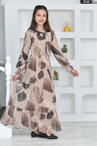 Genç Kız Pamuk Astarlı Şifon Kumaş Uzun Tam Boy Tesettür Elbise Vizon