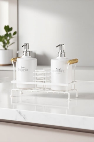 Suntel 2 Li Metal Standlı Plastik Sıvı Sabun Şişesi Sabunluk 500 Ml Beyaz Beyaz