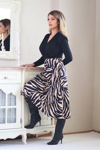 Ritnice Kadın Bej Siyah Midi Saten Etek
