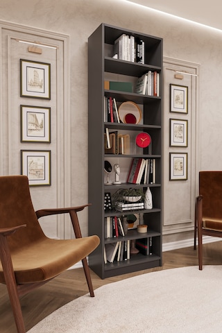 Asra Trend K-08 %100 MDF 60 cm 7 Raflı Kitaplık Ofis Dosya Rafı Kütüphane Koyu Gri