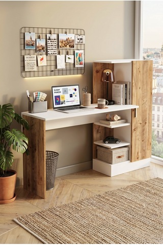 Yurudesign Laura Kitaplıklı Çalışma Masası Atlantik Çam Beyaz CT2