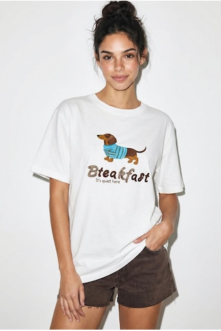 Shade Kadın Bisiklet Yaka Nakış Ve Boncuk İşlemeli Oversize T-shirt 2221 60286122 - Beyaz