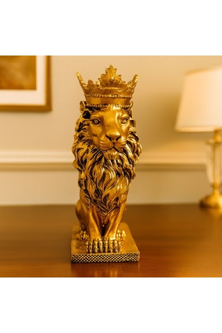 Taçlı Oturan Aslan Figürü Polyester 34x14