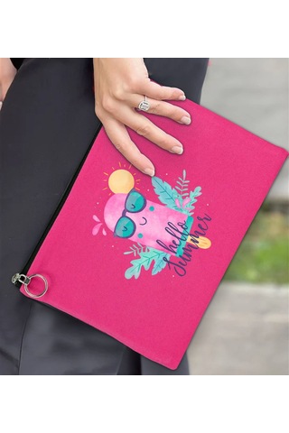 Bk Gift Yaz Temalı-5 Astarlı Fuşya Portföy Çanta 30x21cm, Baskılı El Çantası, Organizer Çanta Çok Renkli