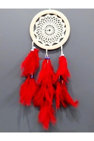 Dodes Kırmızı Kuş Tüylü Dream Catcher El Yapımı Düş Kapanı Duvar Süsü