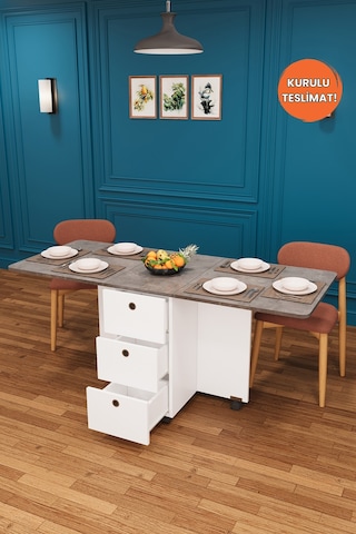 Lüks Katlanır Mutfak Yemek Masası %100 MDF Pratik Çekmeceli Çalışma Masası KM01