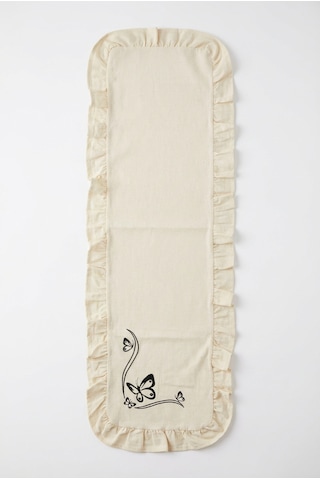 Siyah Kelebek Nakış Detaylı Fırfırlı Masa Runner 40x120 Cm Şık Dekoratif Masa Ve Konsol Örtüsü Açık Bej