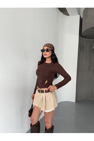 Elaxi Kadın Bisiklet Yaka Uzun Kollu Aksesuar Detaylı Dalgıç Kumaş Bluz Kahverengi