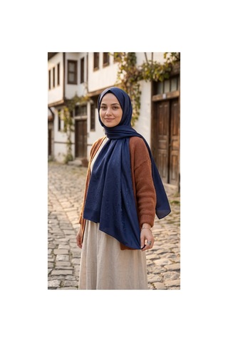 Nukra Jakarlı Pamuk Tesettür Şal Otantik Desen Lacivert 70 X 190 Cm