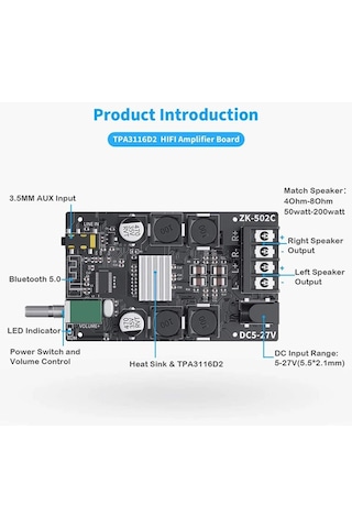 Tls Robotik Zk-502c Tpa3116d2 Bluetooth 5.0 Kablosuz Stereo Amplifikatör Modülü 2x50w