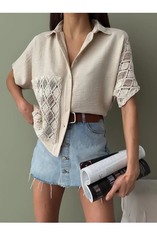 Kadın Keten Oversize Krem Dantel Detay Kısa Kollu Gömlek Krem