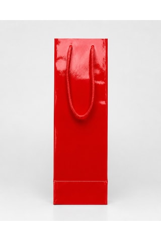 Şişelik İpli Kırmızı Karton Poşet, 1 Adet-12x10x38 Cm, Kalın Yapı