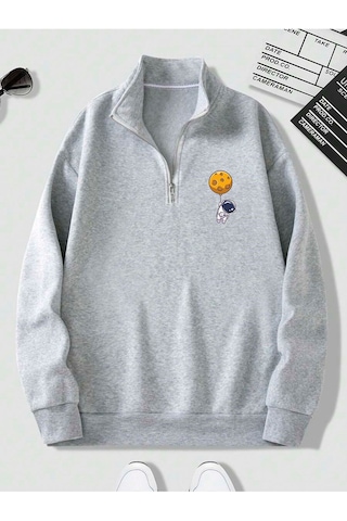 Harmandar Gri Erkek Uçan Astronot Baskılı Dik Yaka Yarım Fermuarlı Kazak Sweatshirt Ucanastrogridikyaka