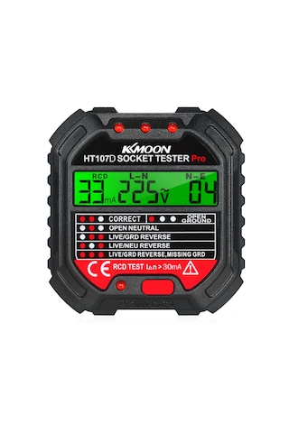 Hangfox Ht107d Avrupa Tipi Lcd Ekranlı Prizi Test Cihazı - Toprak, Sıfır, Faz, Polarite Ve Kaçak Akım Tespiti Pil Yok